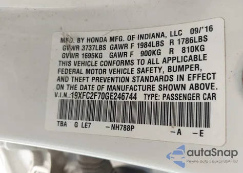 2016 Honda Civic Ex z USA, uszkodzony, nr VIN 19XFC2F70GE246744